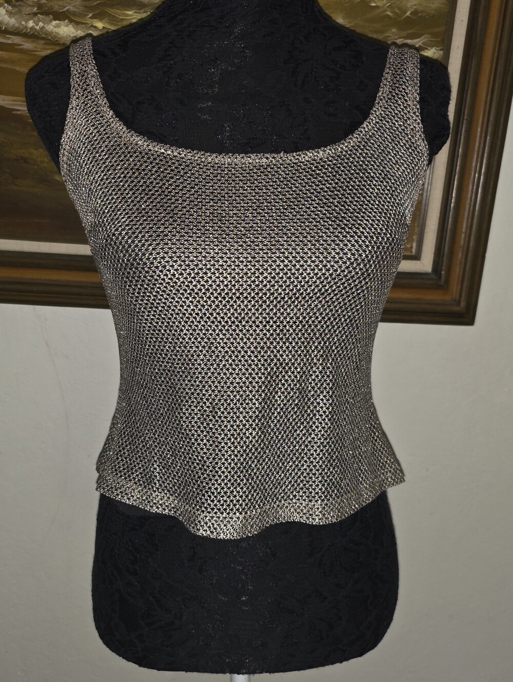 Vintage 1980s 1990s Fancy Gold Metallic & Black Sleeveless Top J.S. Collections